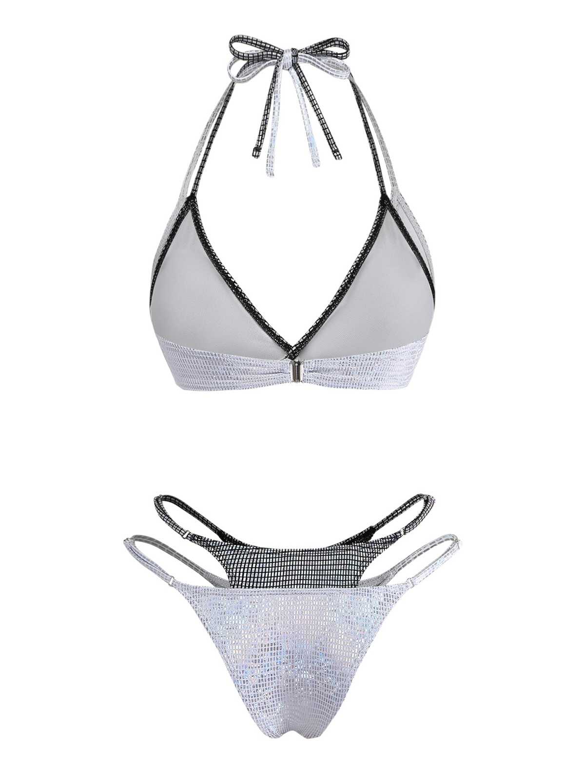 Silver 1980s Halter Shimmer Fake Two-Piece Bikini Set - Image 3