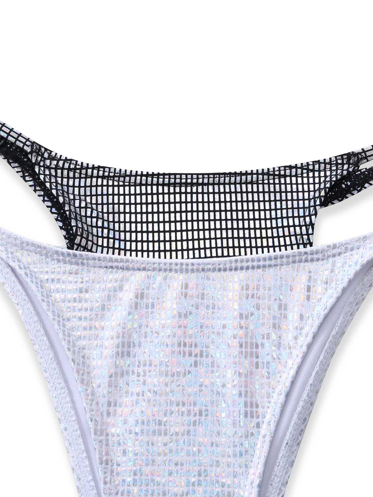 Silver 1980s Halter Shimmer Fake Two-Piece Bikini Set - Image 6
