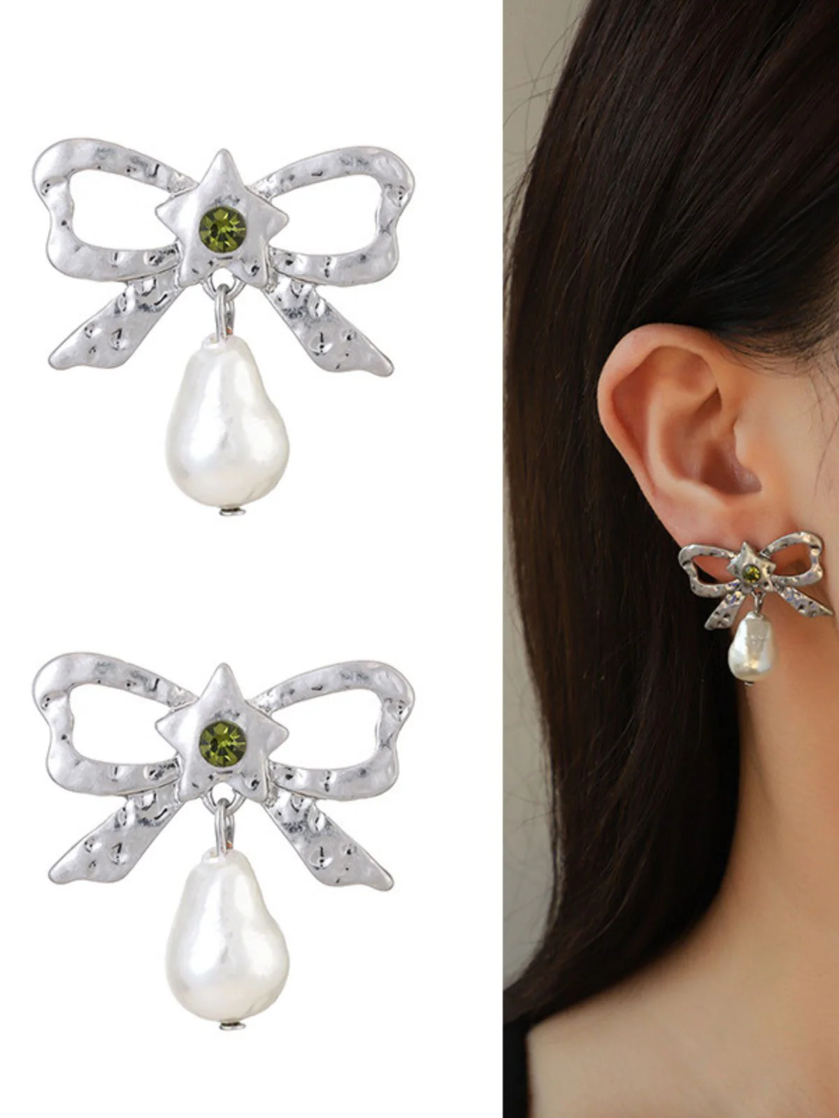 Silver Bow Star Pearl Drop Earrings - Image 2