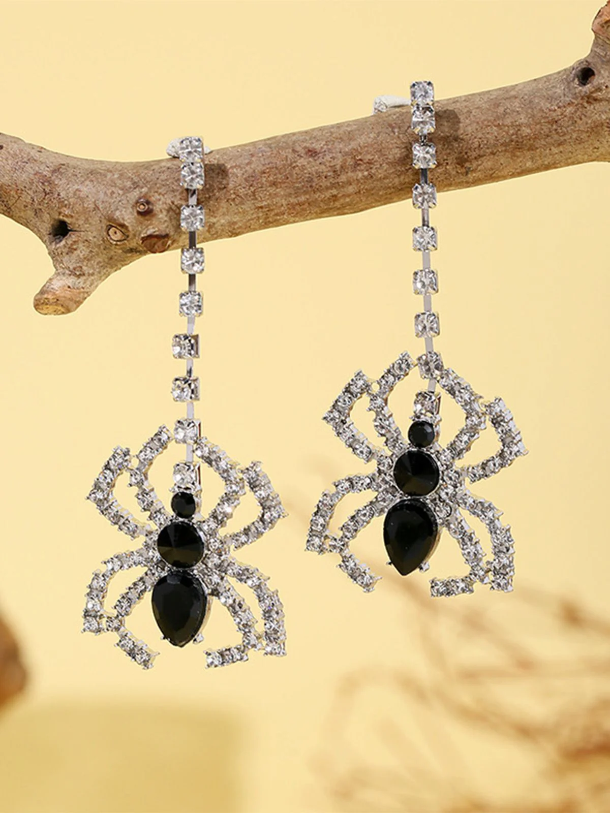 Silver Halloween Rhinestone Spider Drop Earrings - Image 2