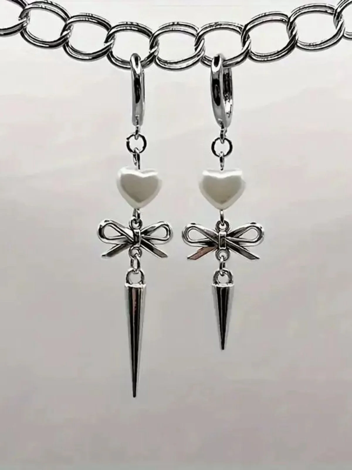 Silver Heart Asymmetrical Bow Drop Gothic Earrings - Image 2