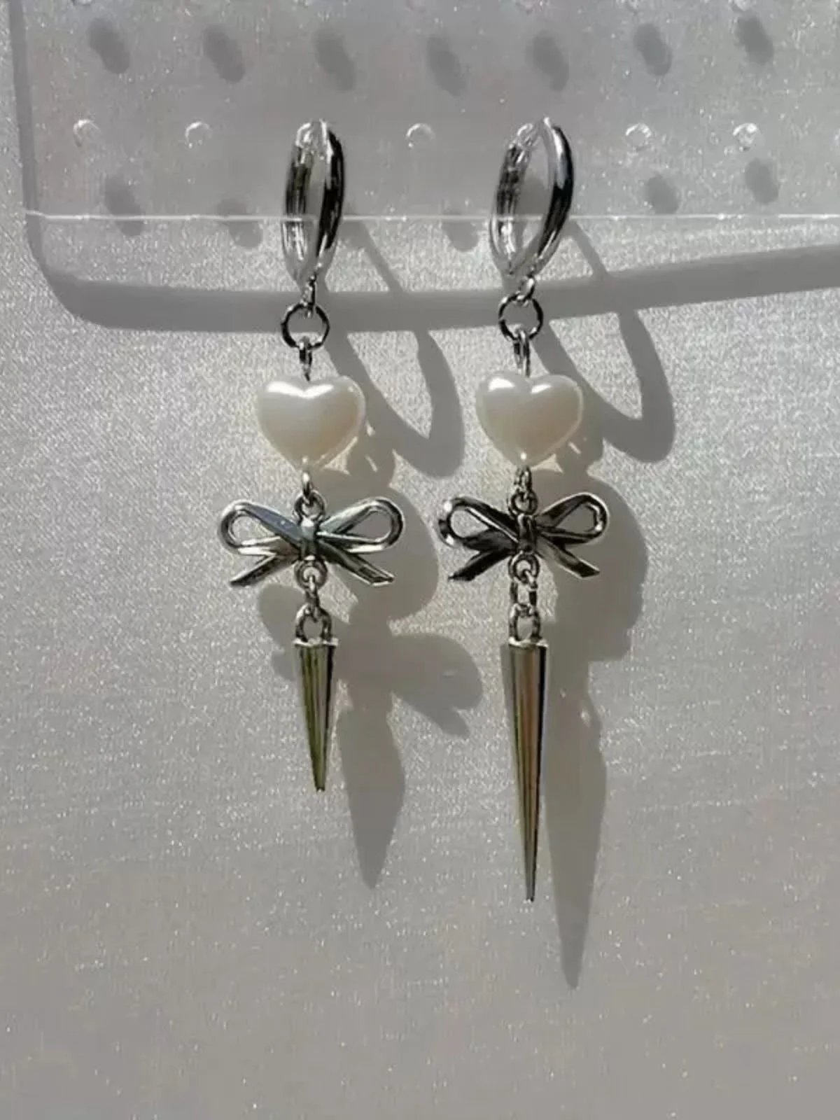 Silver Heart Asymmetrical Bow Drop Gothic Earrings - Image 3