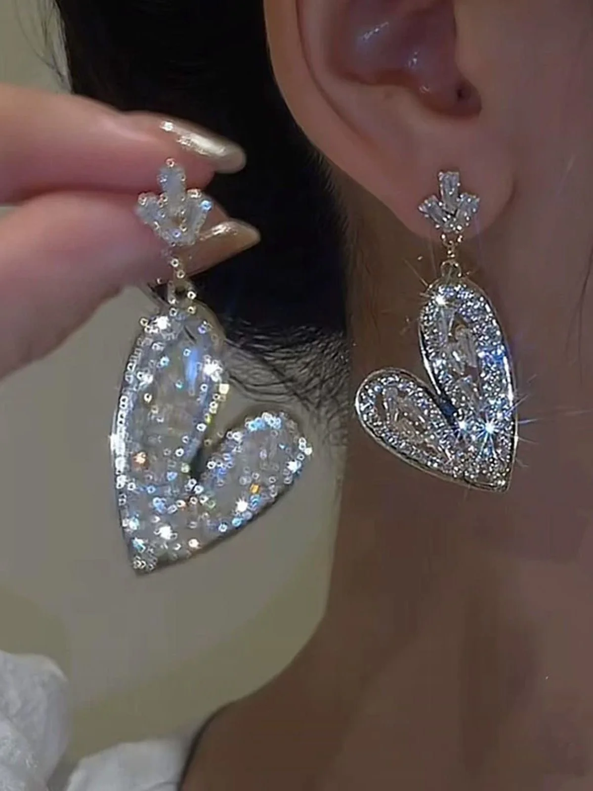 Silver Heart Crystal Detailing Shaped Earrings - Image 4