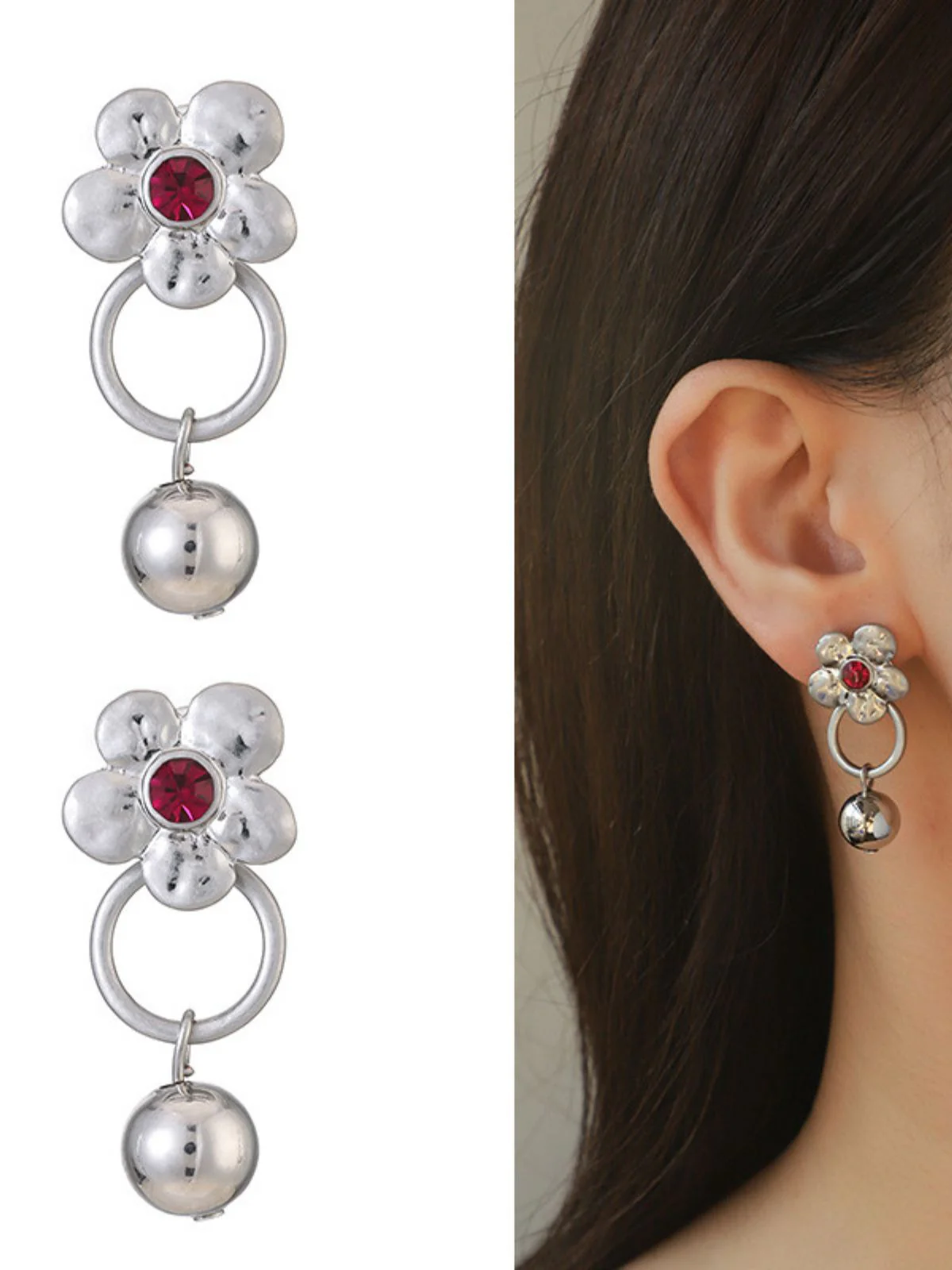 Silver & Red Rhinestone Flower Bell Earrings - Image 2