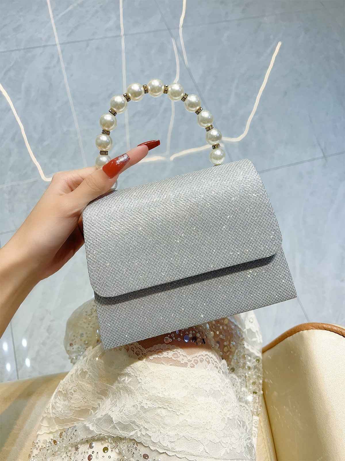 Silver Vintage Rhinestone Glitter Faux Pearl Handbag - Image 2