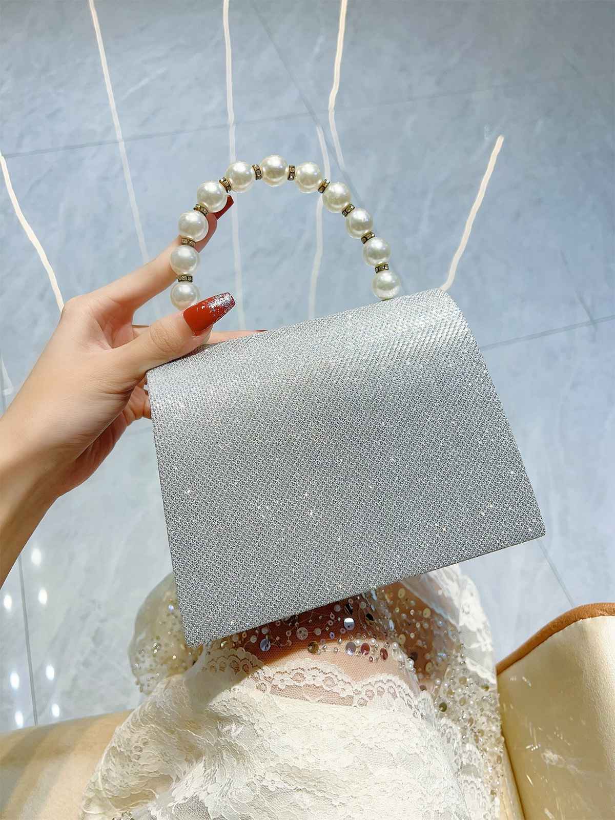Silver Vintage Rhinestone Glitter Faux Pearl Handbag - Image 3