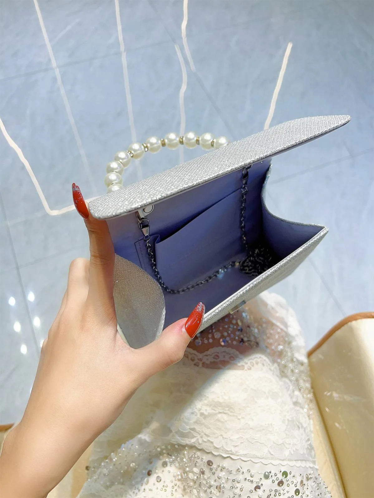 Silver Vintage Rhinestone Glitter Faux Pearl Handbag - Image 5
