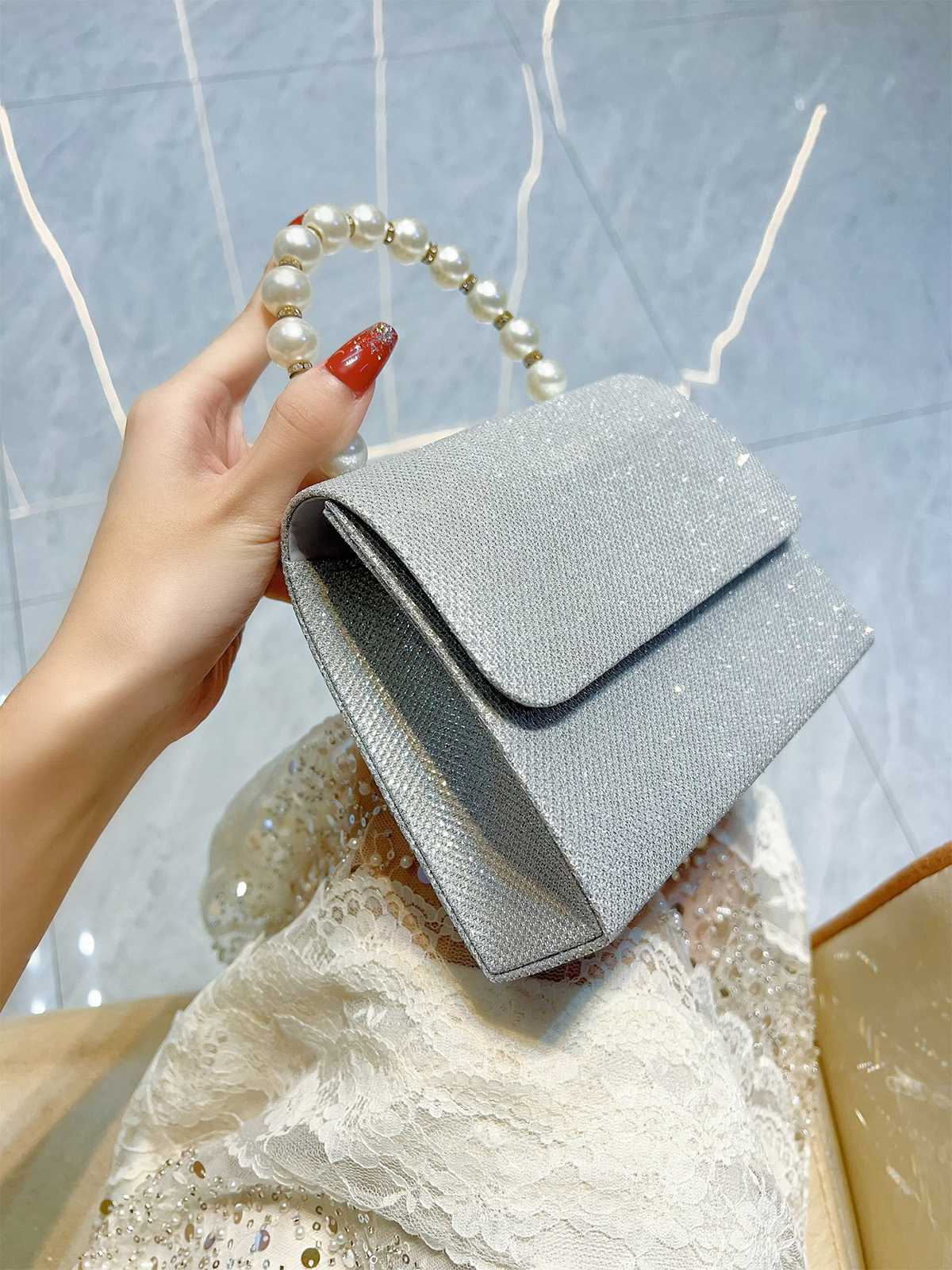 Silver Vintage Rhinestone Glitter Faux Pearl Handbag - Image 6