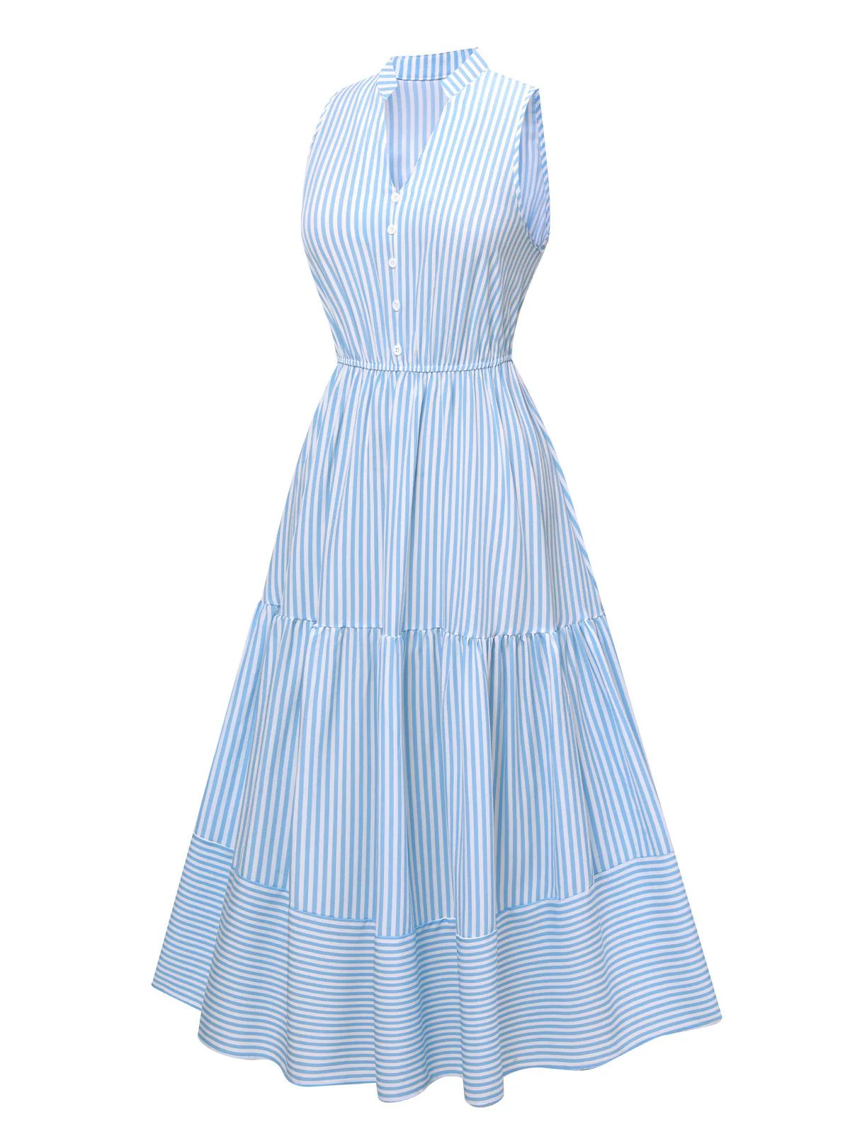 Sky Blue 1940s Stripes Stand Collar Dress - Image 2