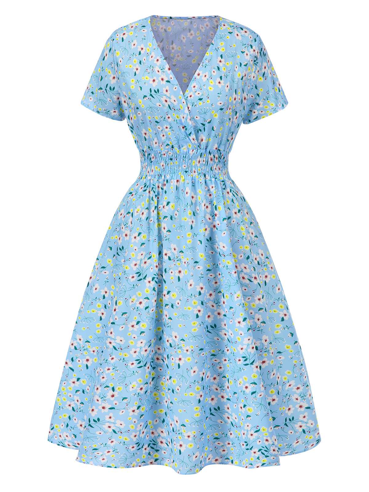 Sky Blue 1950s Floral V-Neck A-line Dress - Image 2