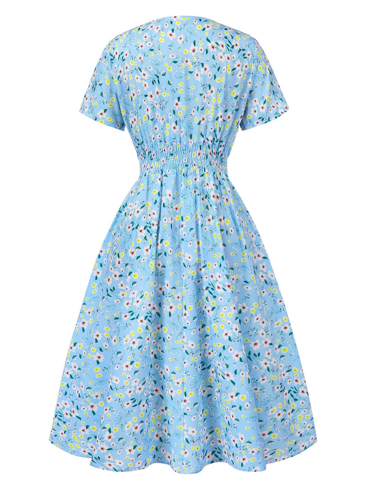 Sky Blue 1950s Floral V-Neck A-line Dress - Image 3