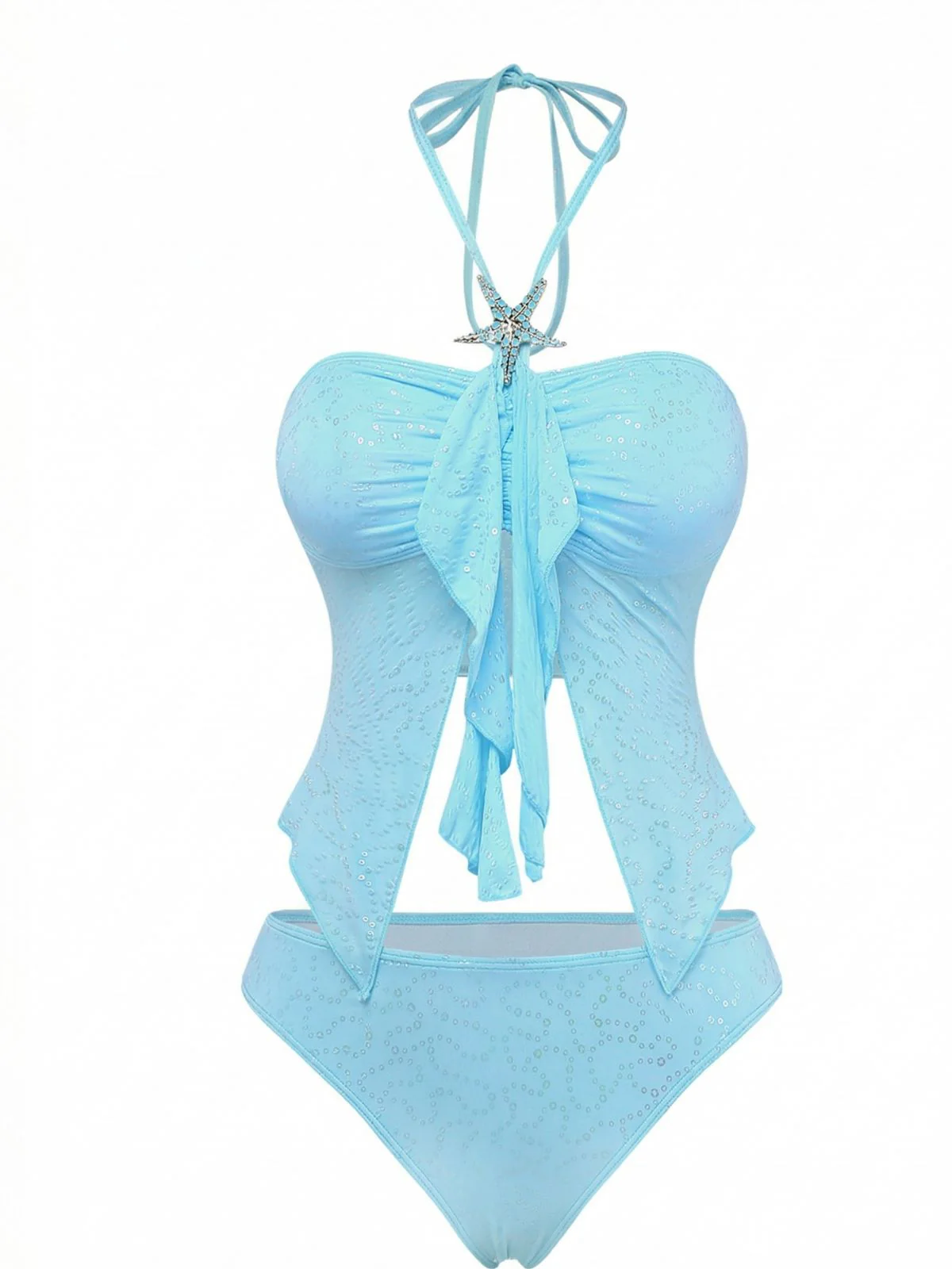 Sky Blue 1950s Halter Ruffle Bow Glitter Tankini Set - Image 2