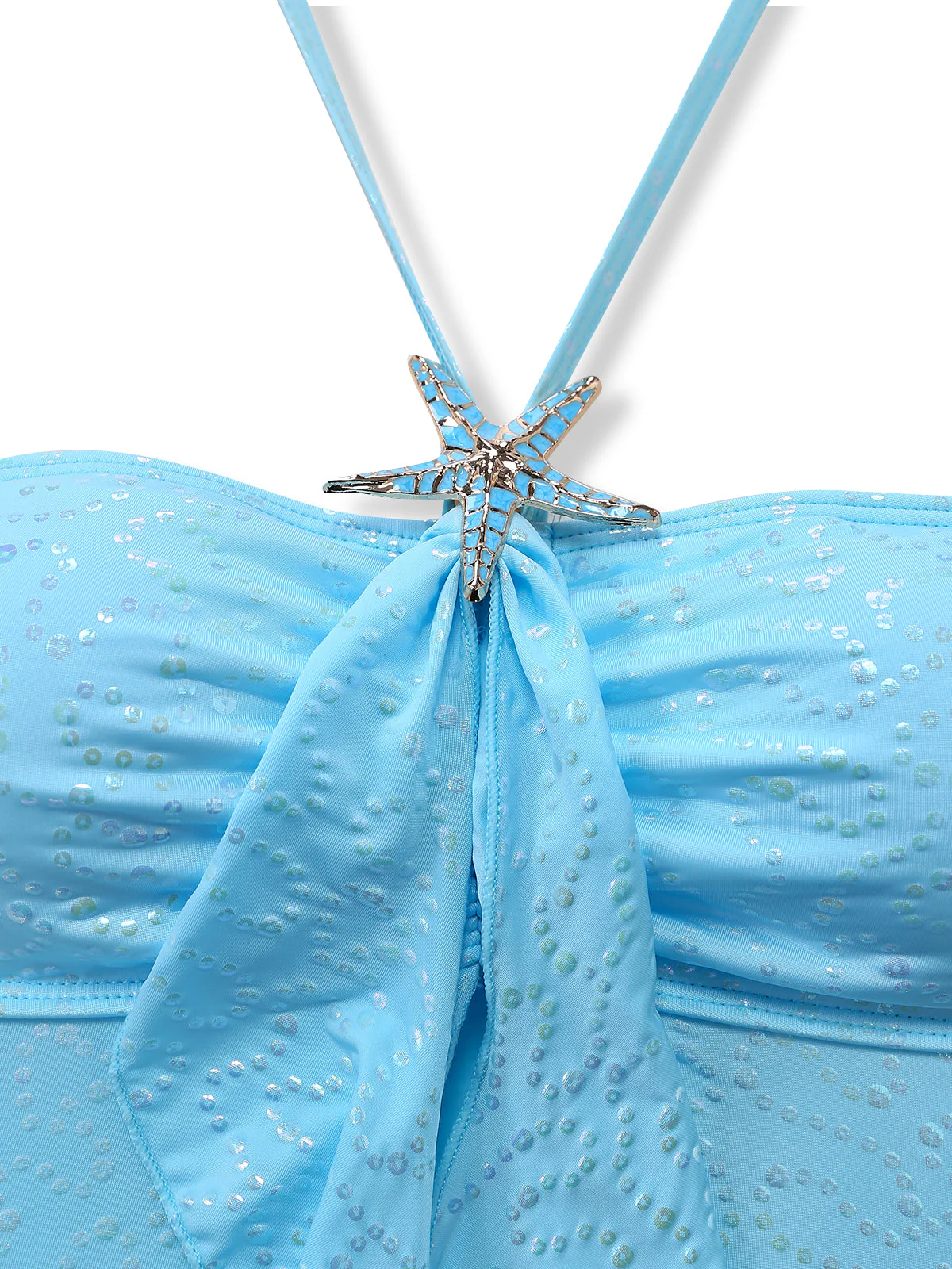 Sky Blue 1950s Halter Ruffle Bow Glitter Tankini Set - Image 3