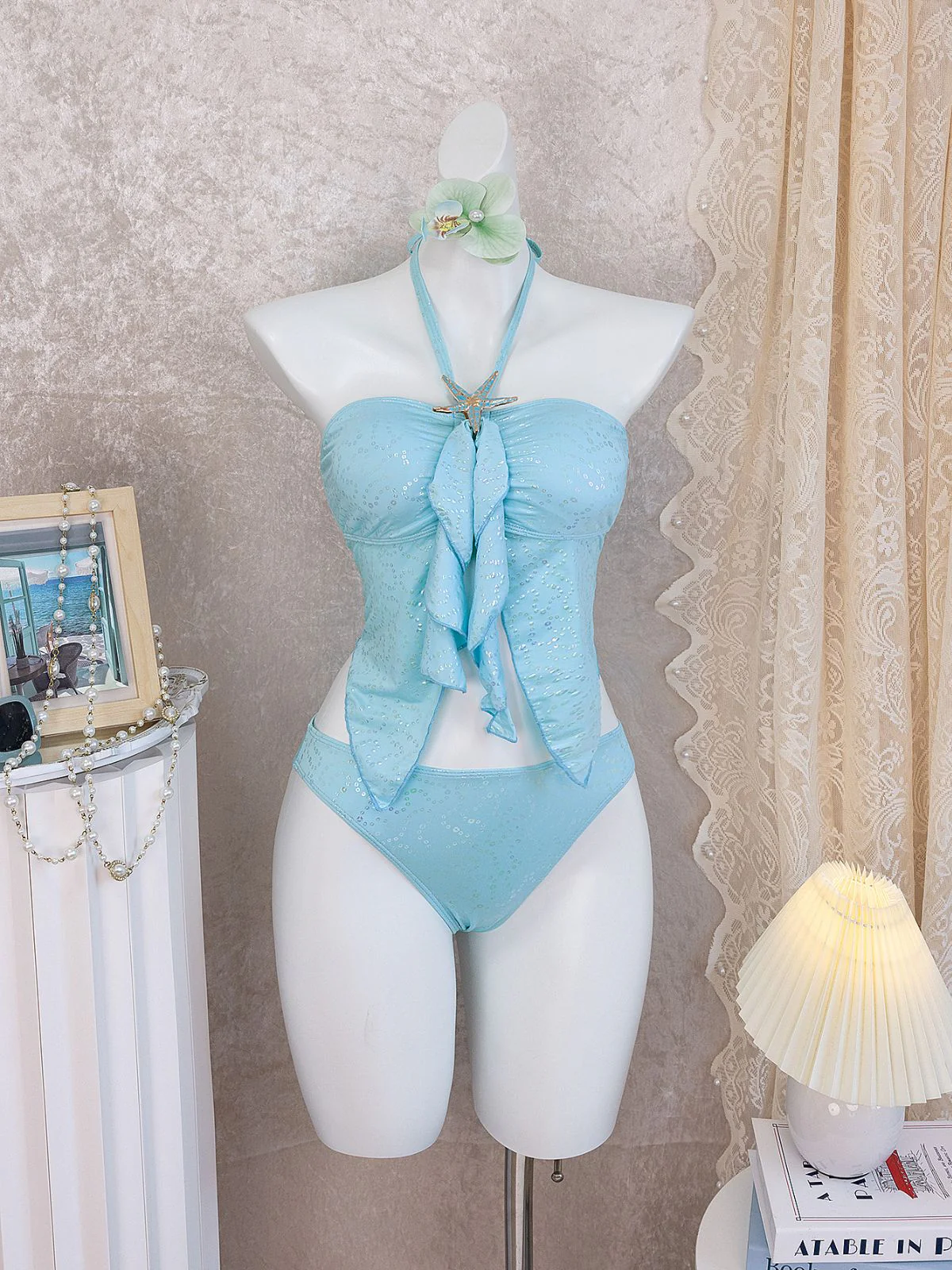 Sky Blue 1950s Halter Ruffle Bow Glitter Tankini Set - Image 7