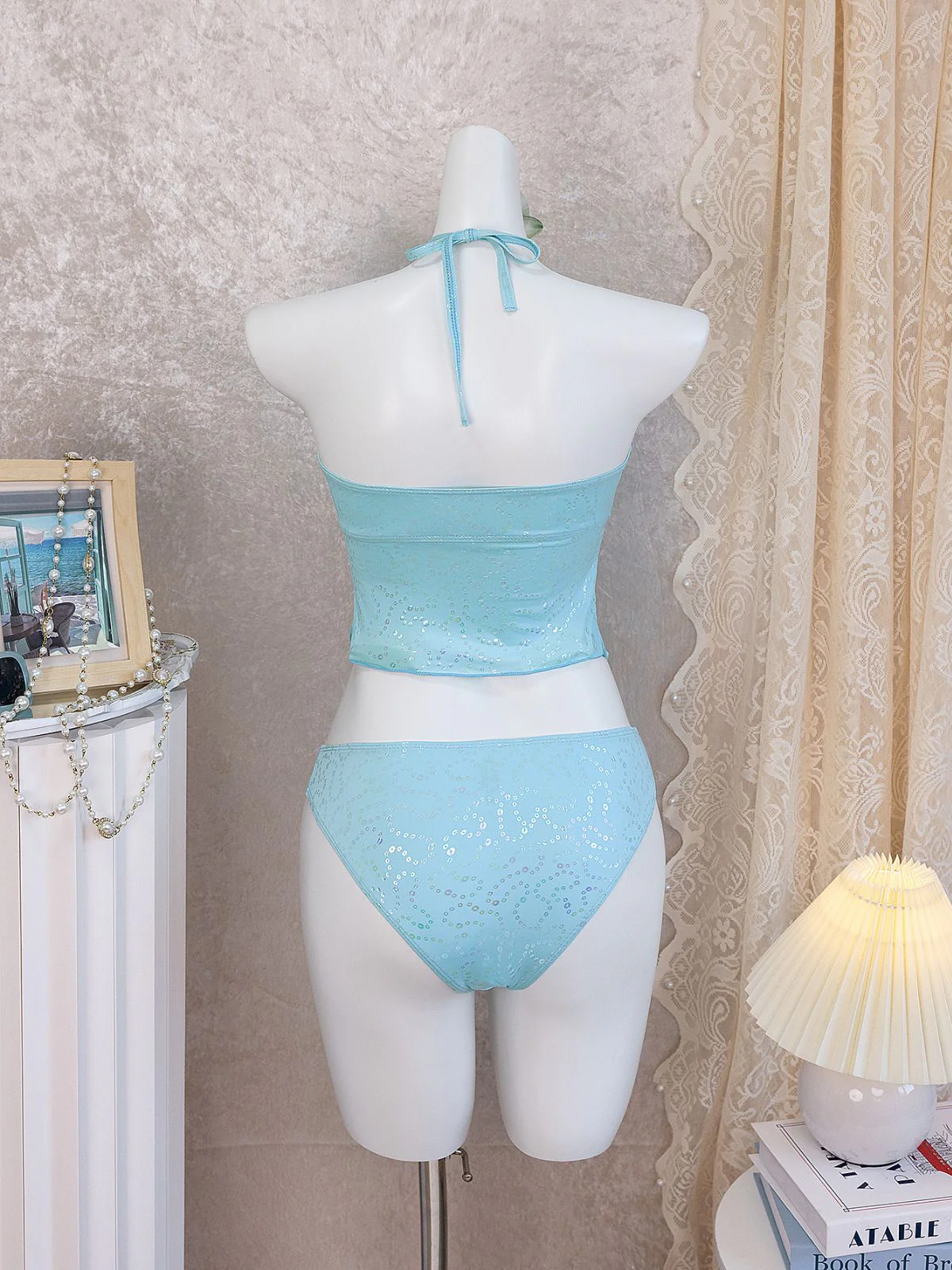 Sky Blue 1950s Halter Ruffle Bow Glitter Tankini Set - Image 8