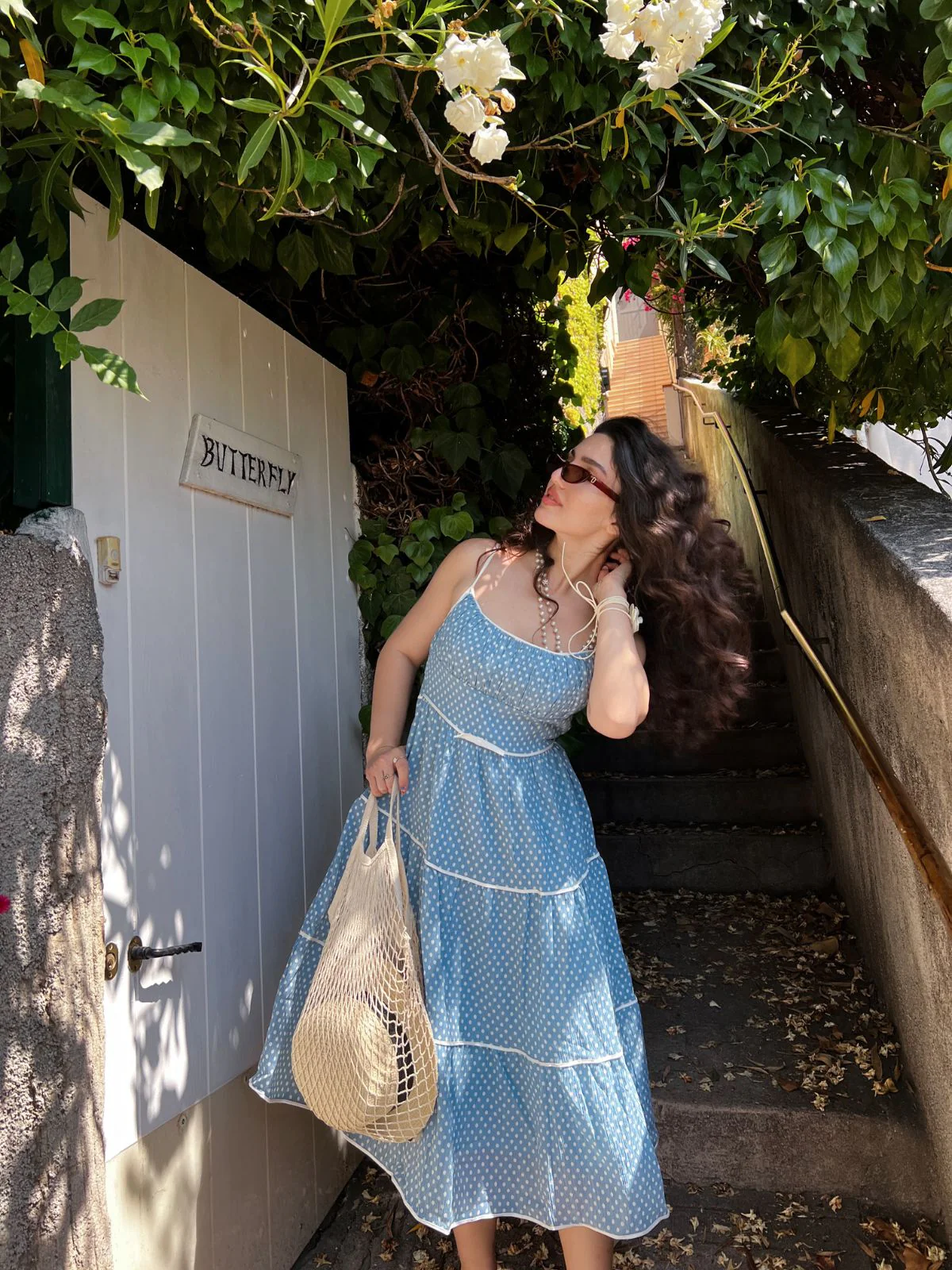 Sky Blue 1950s Strap Polka Dot Swing Dress - Image 3