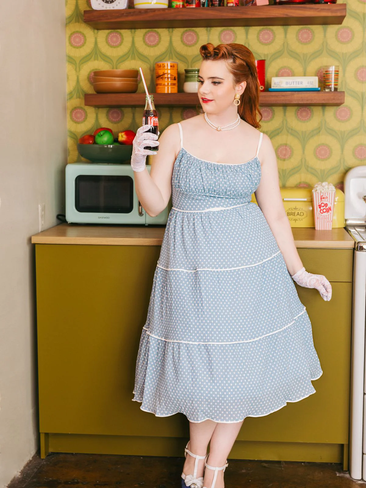 Sky Blue 1950s Strap Polka Dot Swing Dress - Image 7