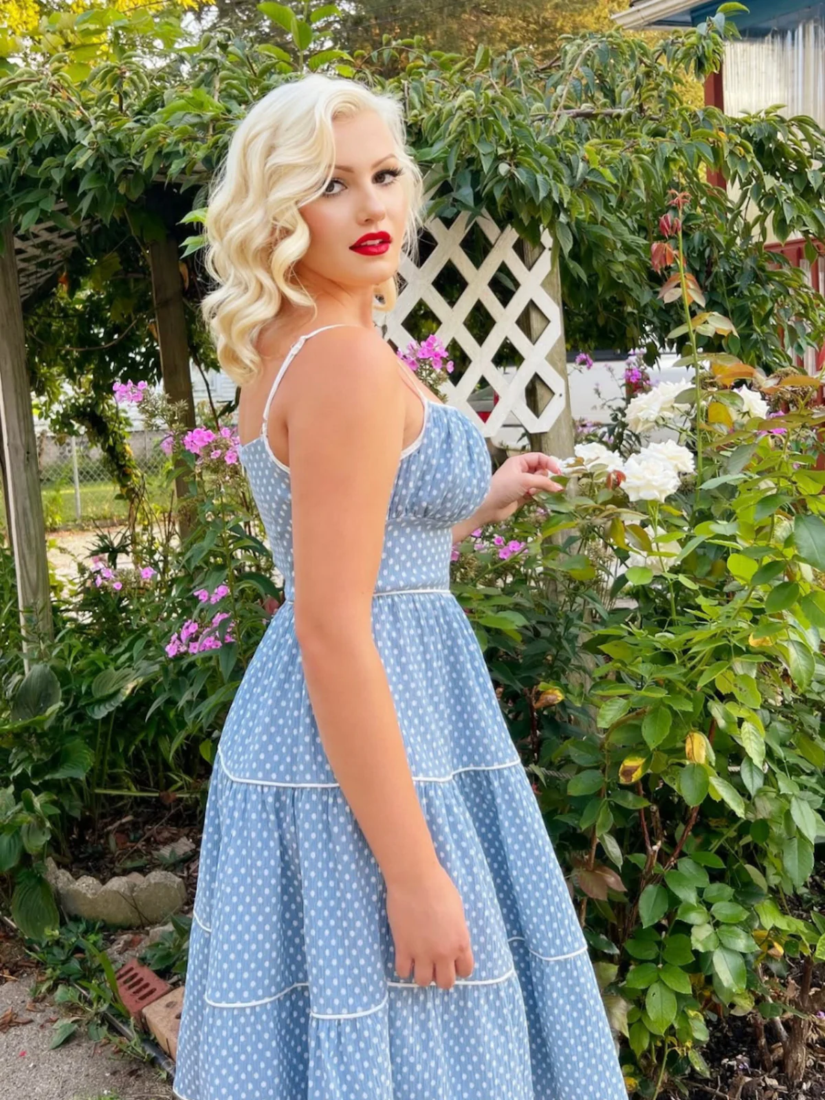 Sky Blue 1950s Strap Polka Dot Swing Dress - Image 2