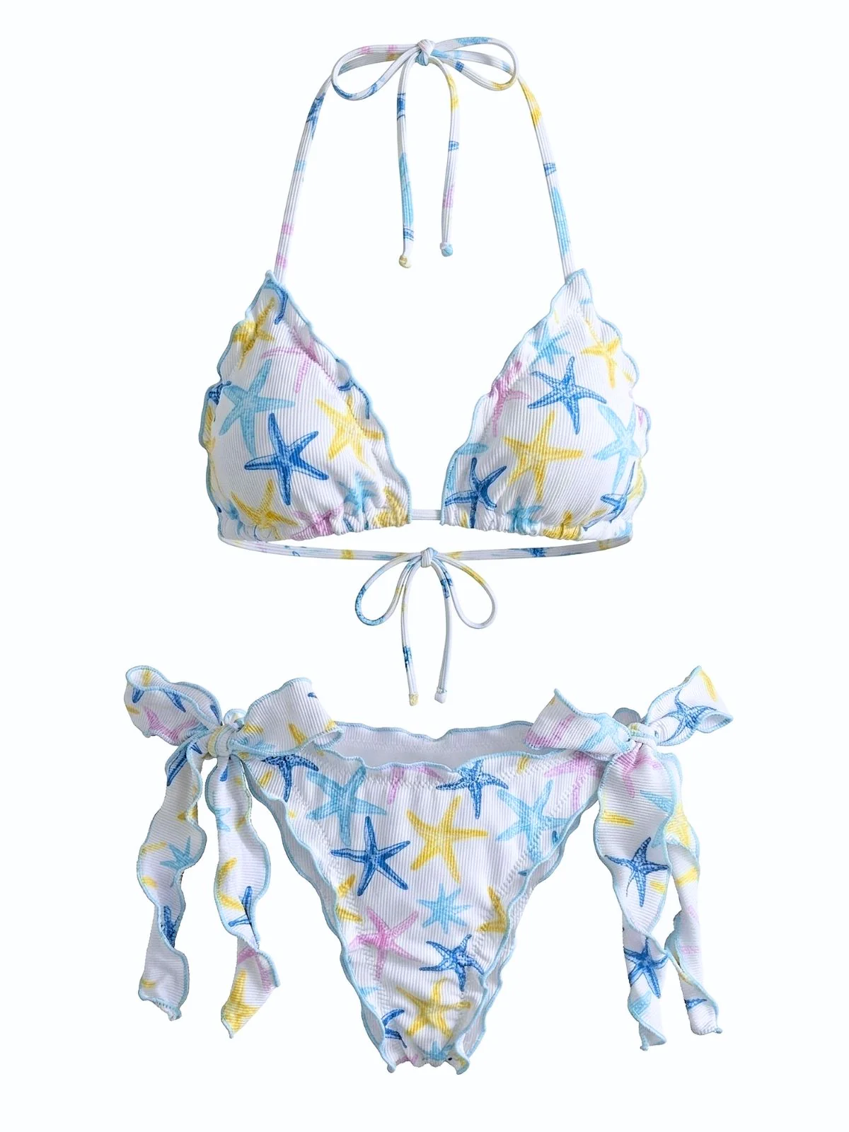 Sky Blue 1960s Starfish Print Halter Bow Tie Bikini Set - Image 2