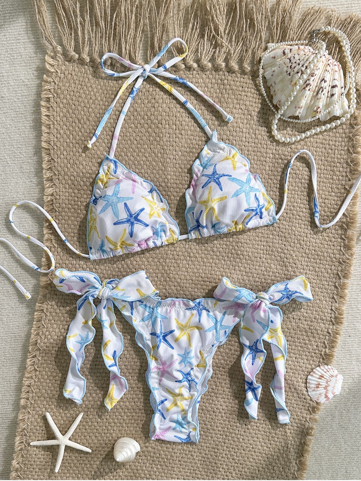 Sky Blue 1960s Starfish Print Halter Bow Tie Bikini Set - Image 3