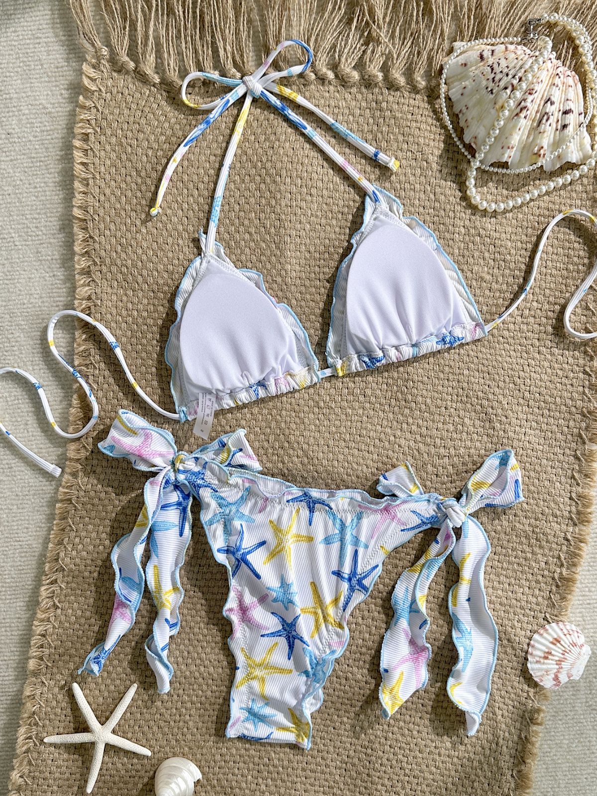 Sky Blue 1960s Starfish Print Halter Bow Tie Bikini Set - Image 4