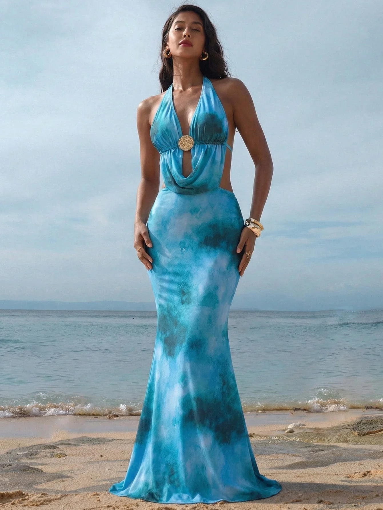 Sky Blue 1980s Tie-Dye Halter Cutout Backless Maxi Cover-Up Dress - Image 2