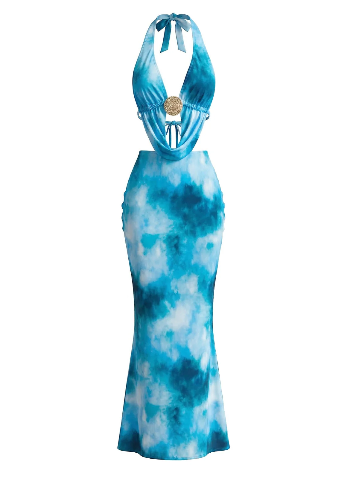 Sky Blue 1980s Tie-Dye Halter Cutout Backless Maxi Cover-Up Dress - Image 5
