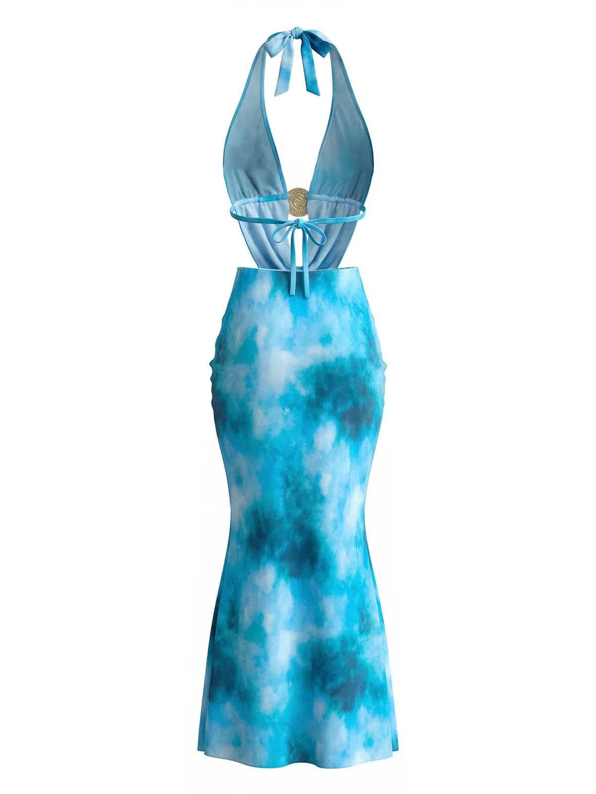 Sky Blue 1980s Tie-Dye Halter Cutout Backless Maxi Cover-Up Dress - Image 6