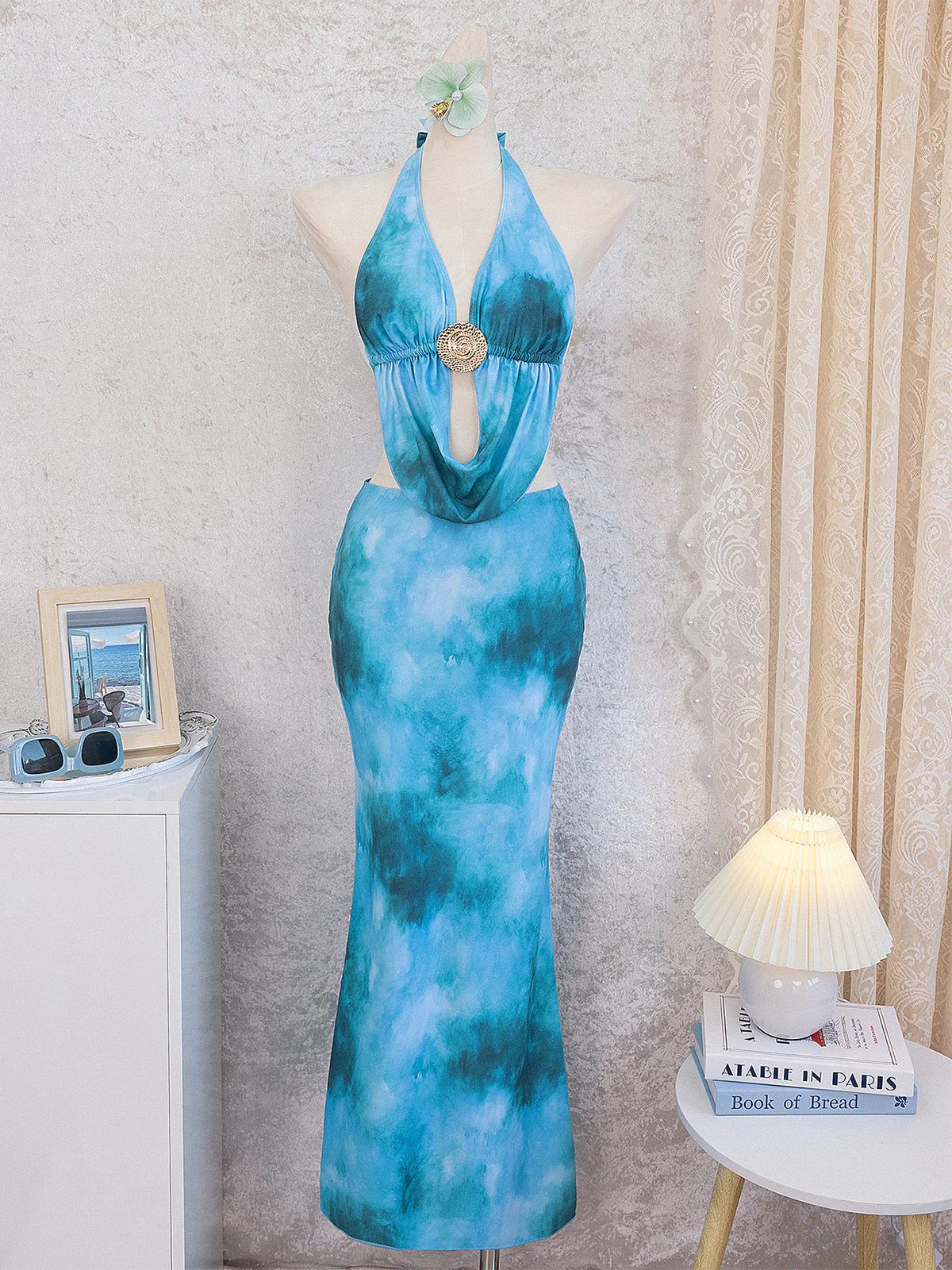 Sky Blue 1980s Tie-Dye Halter Cutout Backless Maxi Cover-Up Dress - Image 7