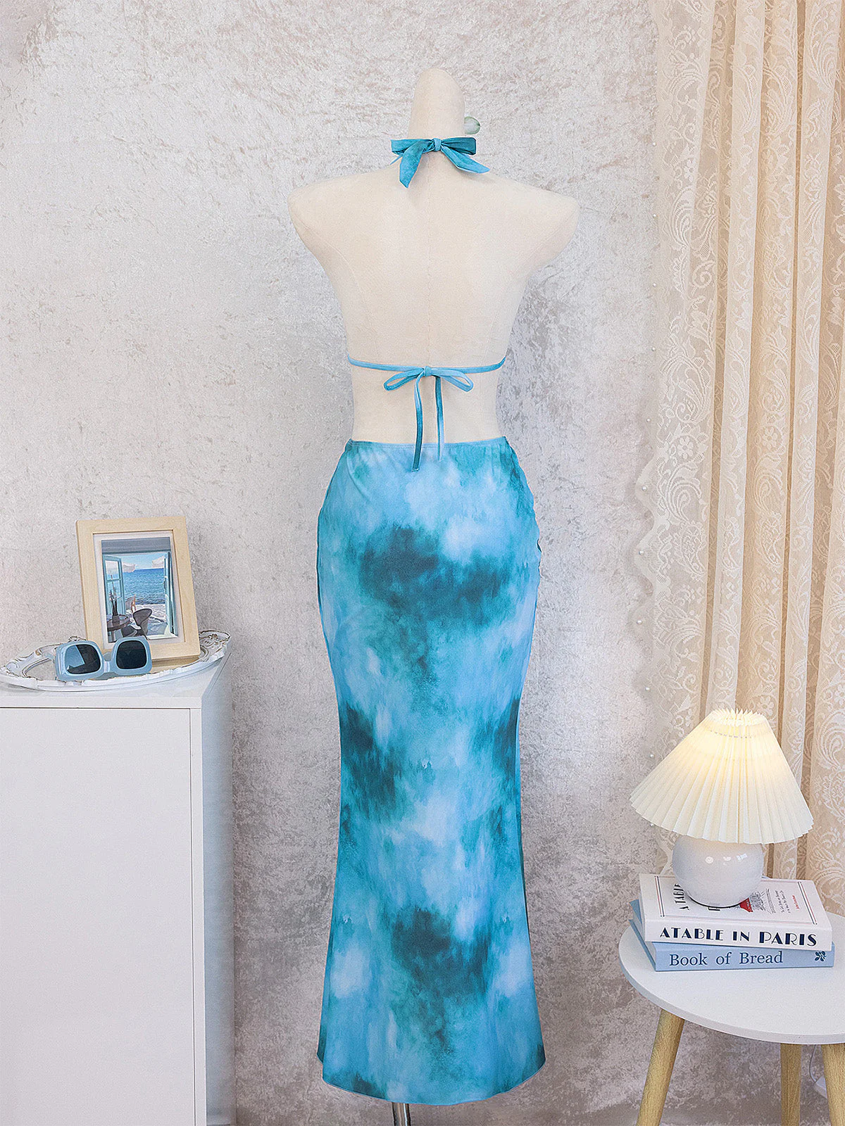 Sky Blue 1980s Tie-Dye Halter Cutout Backless Maxi Cover-Up Dress - Image 8