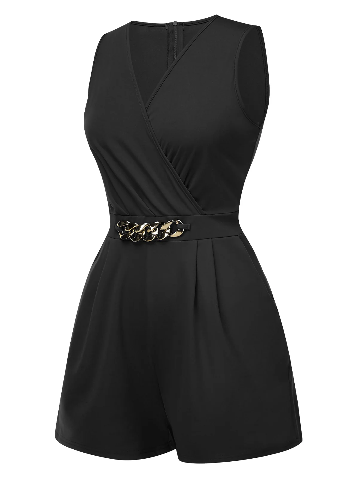 Solid 1960s Surplice V-Neck Sleeveless Chain Romper - Image 2