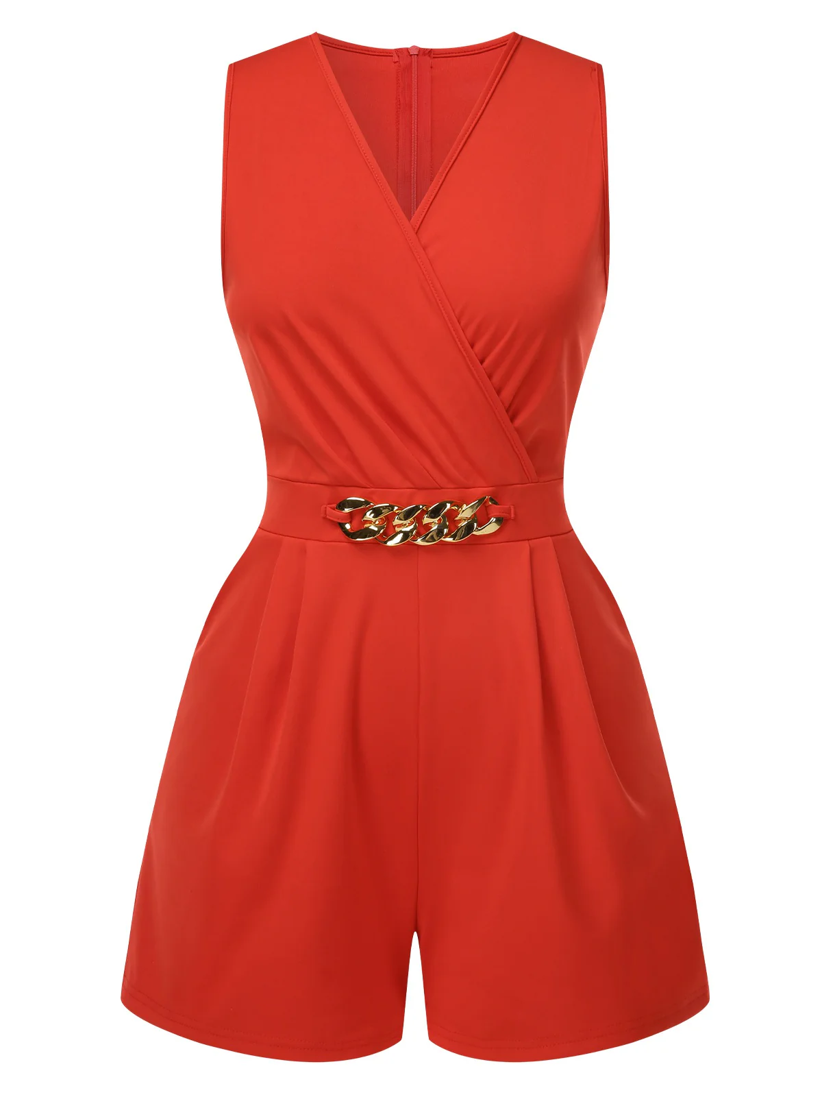 Solid 1960s Surplice V-Neck Sleeveless Chain Romper - Image 4