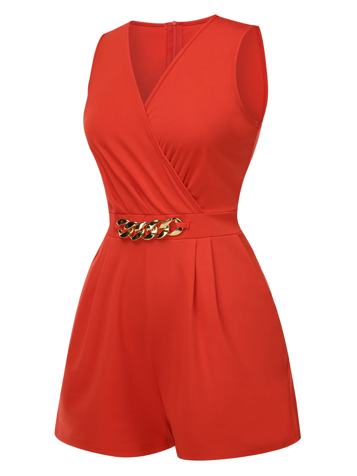 Solid 1960s Surplice V-Neck Sleeveless Chain Romper - Image 5