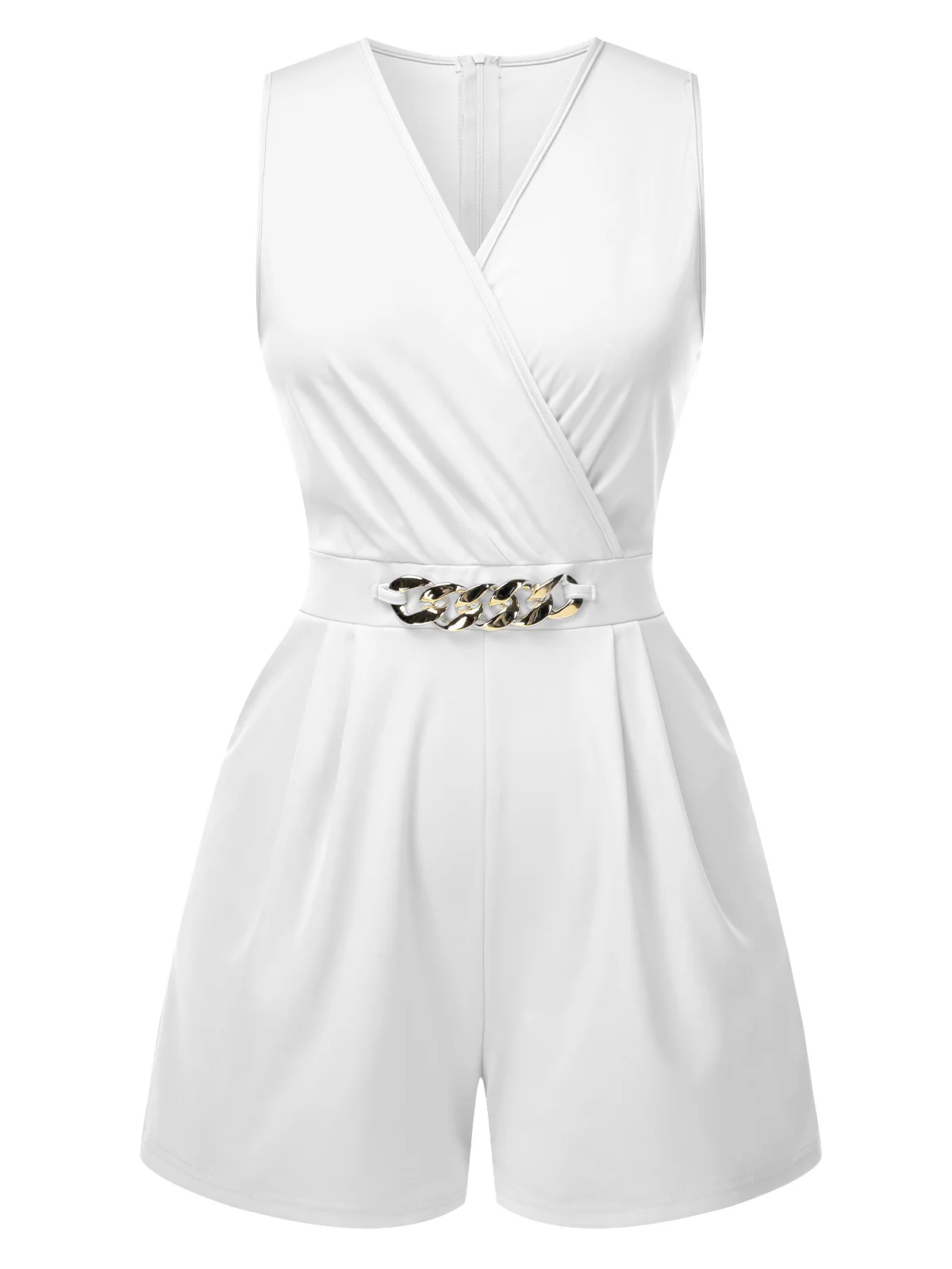 Solid 1960s Surplice V-Neck Sleeveless Chain Romper - Image 7