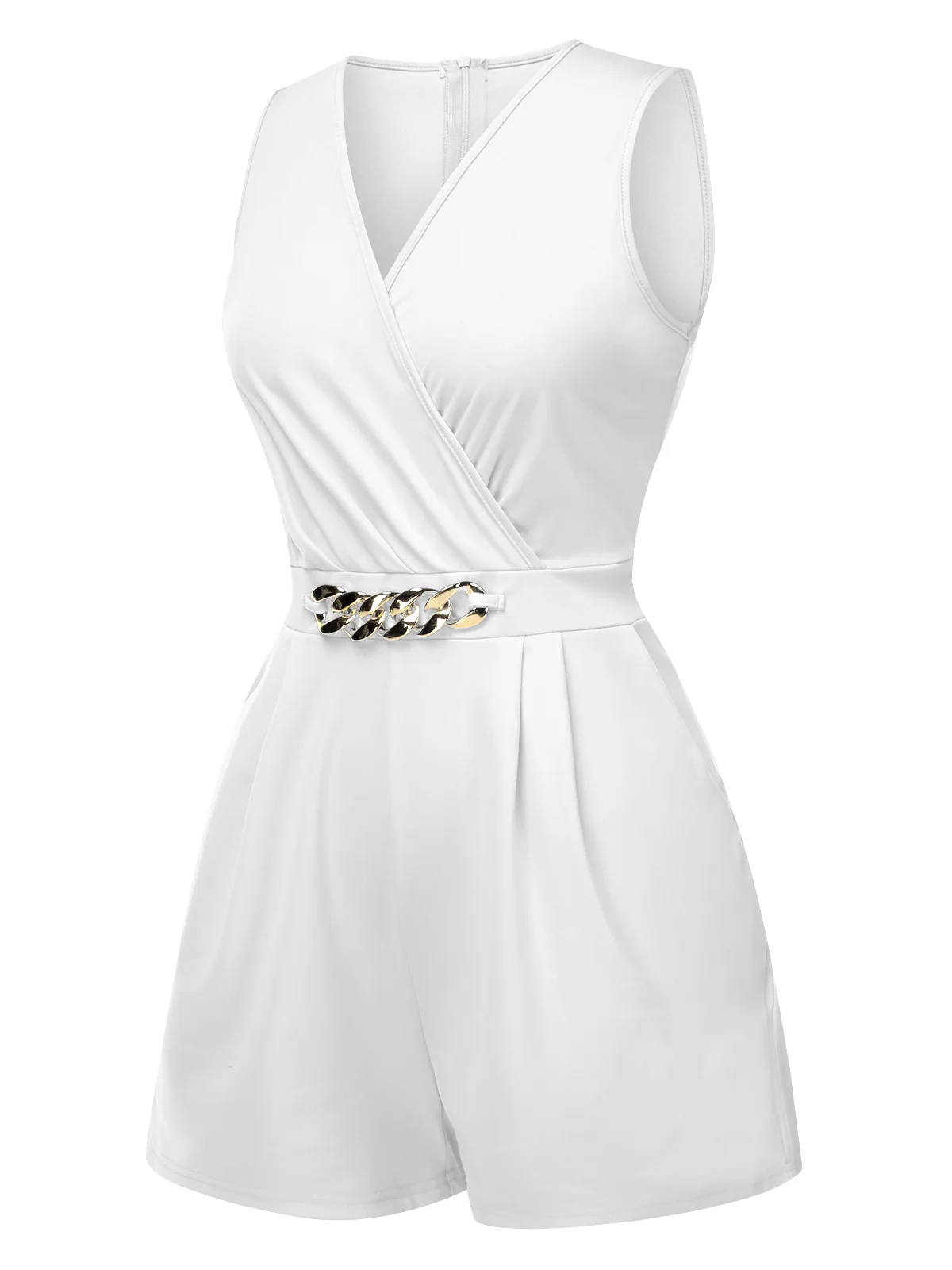 Solid 1960s Surplice V-Neck Sleeveless Chain Romper - Image 8