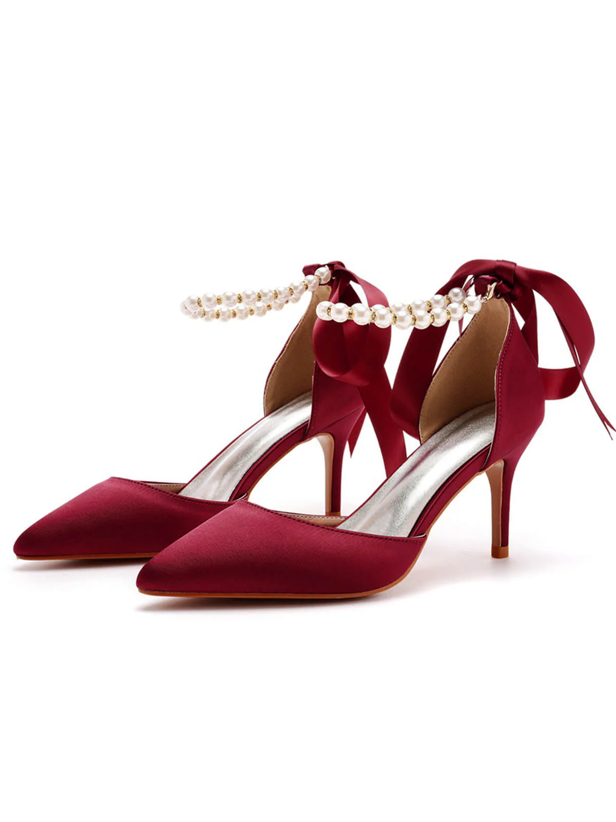 Solid Color Pearl Satin Pointed Toe Heels - Image 14
