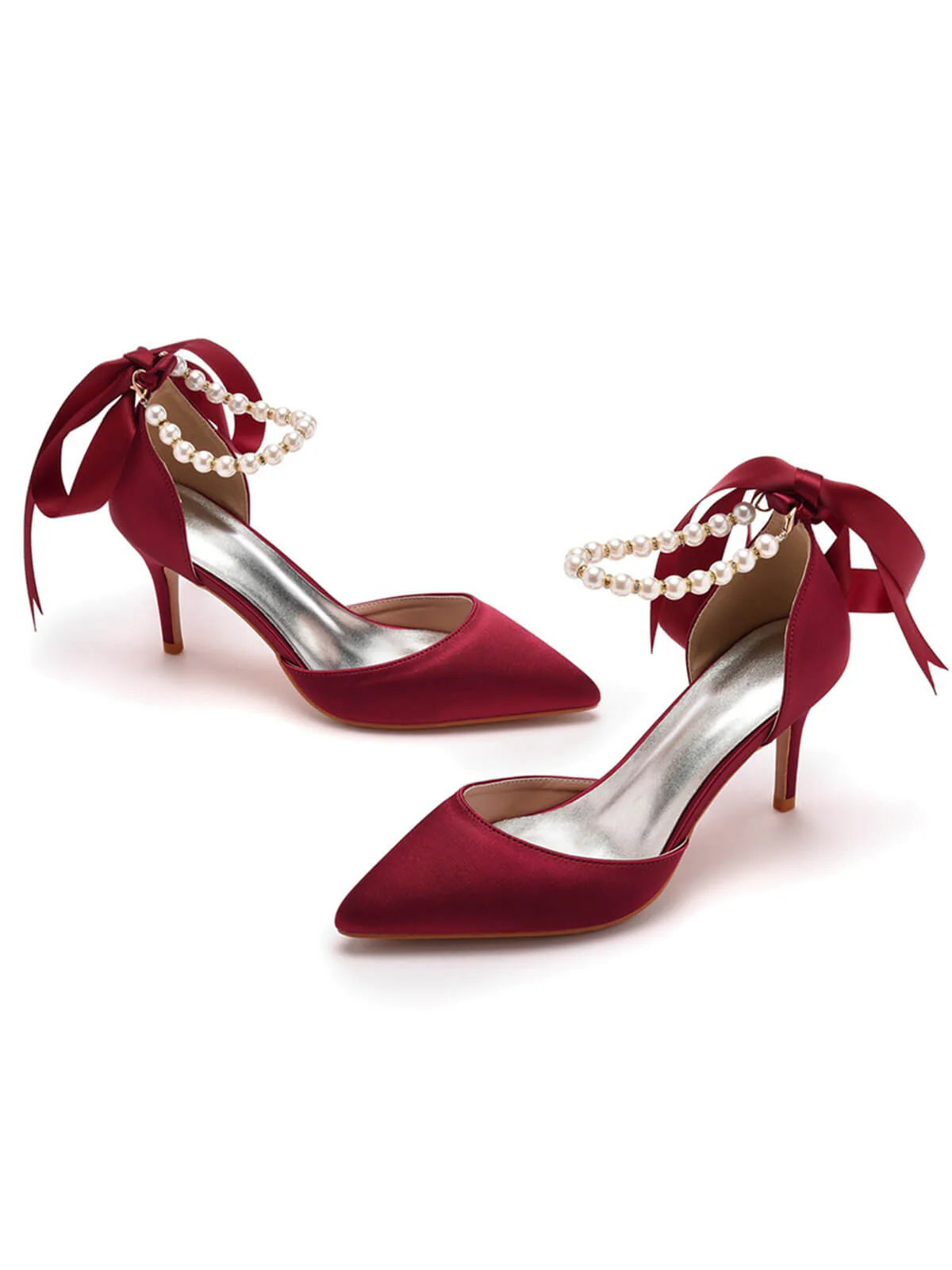 Solid Color Pearl Satin Pointed Toe Heels - Image 15