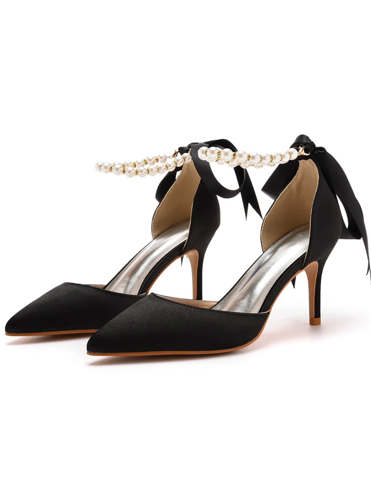 Solid Color Pearl Satin Pointed Toe Heels - Image 22