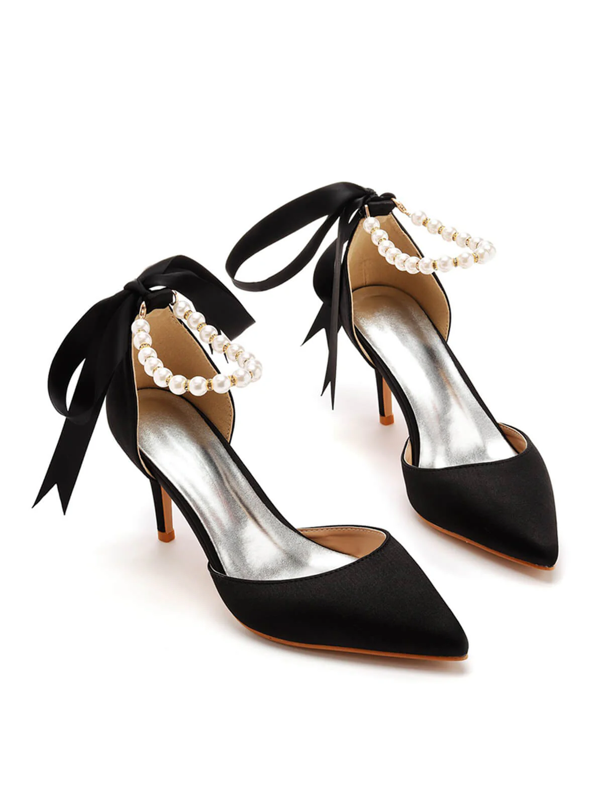 Solid Color Pearl Satin Pointed Toe Heels - Image 3