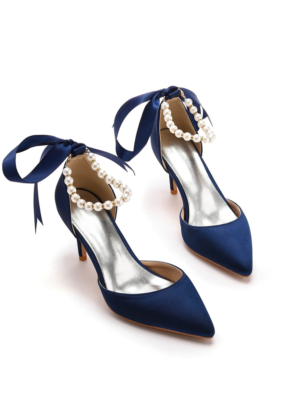 Solid Color Pearl Satin Pointed Toe Heels - Image 4