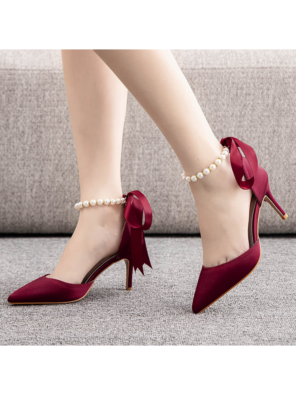 Solid Color Pearl Satin Pointed Toe Heels - Image 7