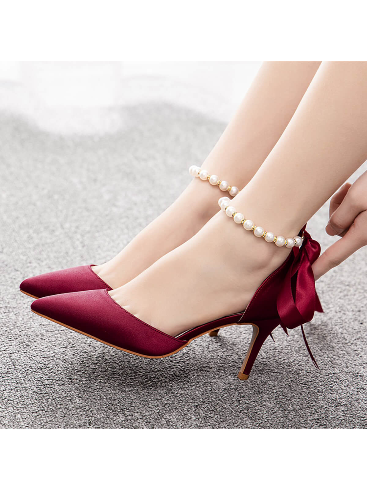 Solid Color Pearl Satin Pointed Toe Heels - Image 8