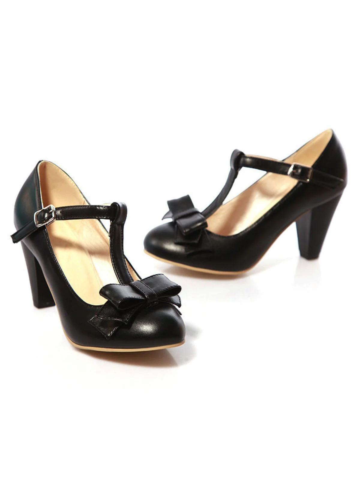 Solid Leather Bowknot T-Strap Chunky Heels - Image 6