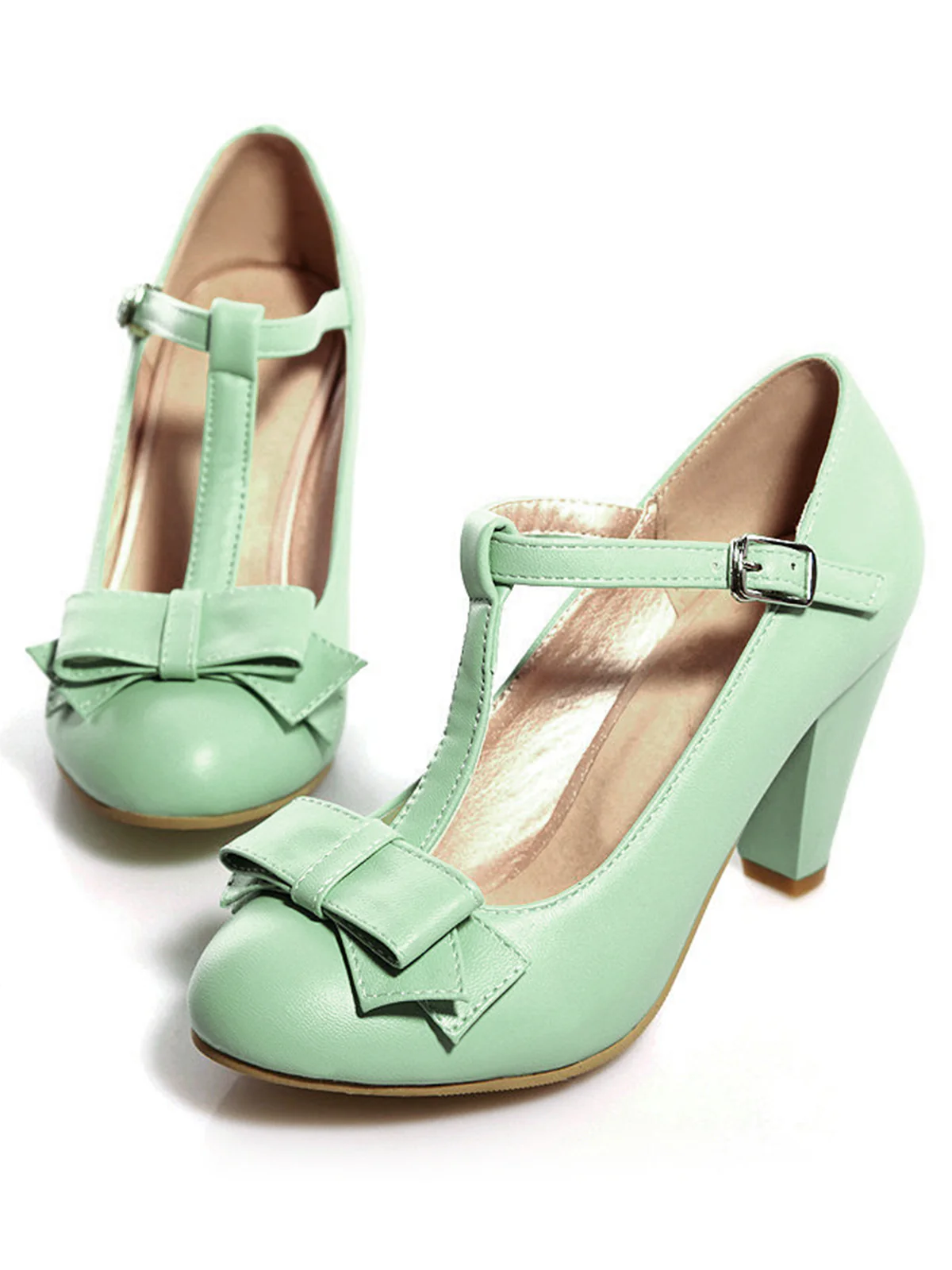 Solid Leather Bowknot T-Strap Chunky Heels - Image 7