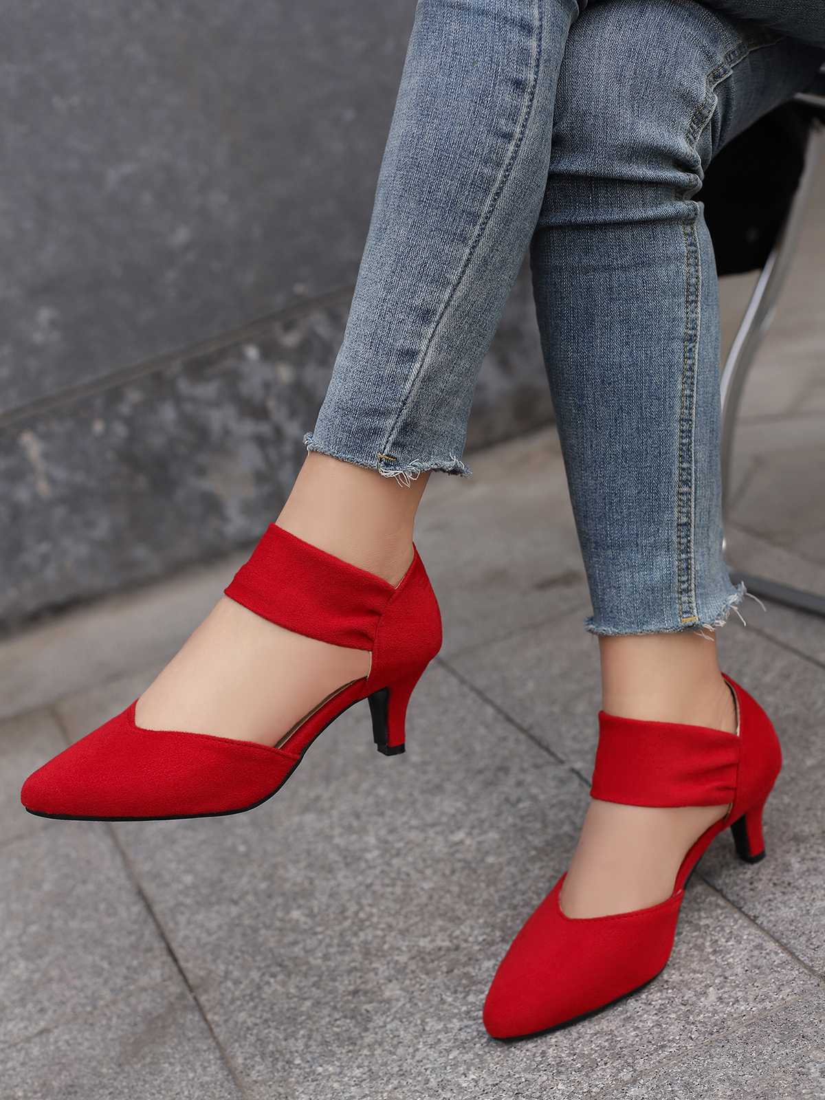 Solid Pointed Toe Suede Kitten Heels - Image 9