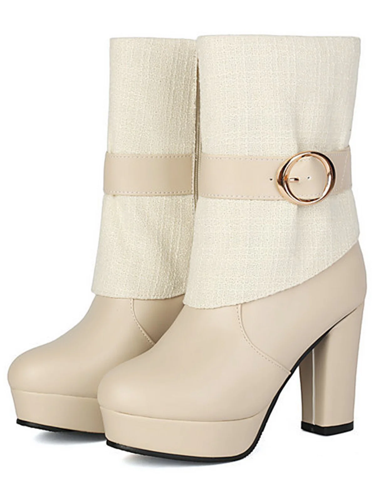 Solid PU Leather Ribbed Knit Patchwork High Heels - Image 10