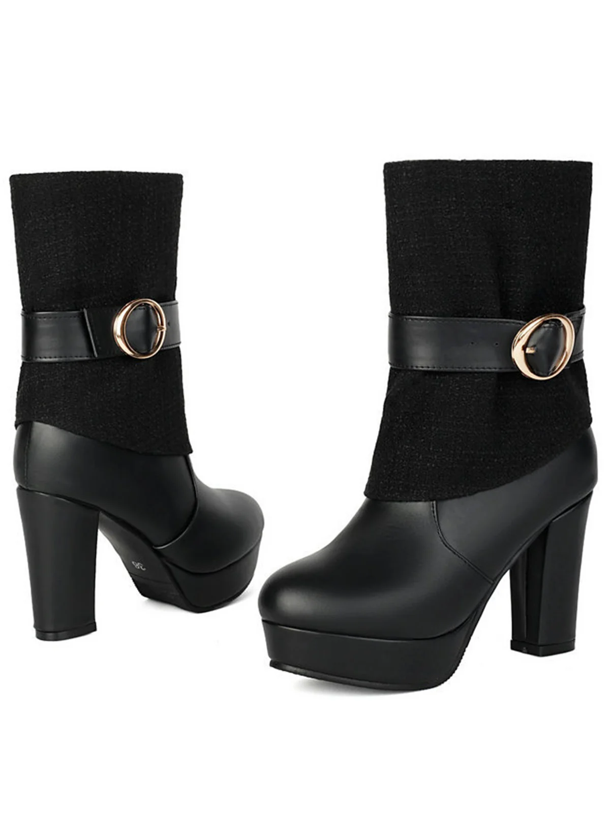 Solid PU Leather Ribbed Knit Patchwork High Heels - Image 2