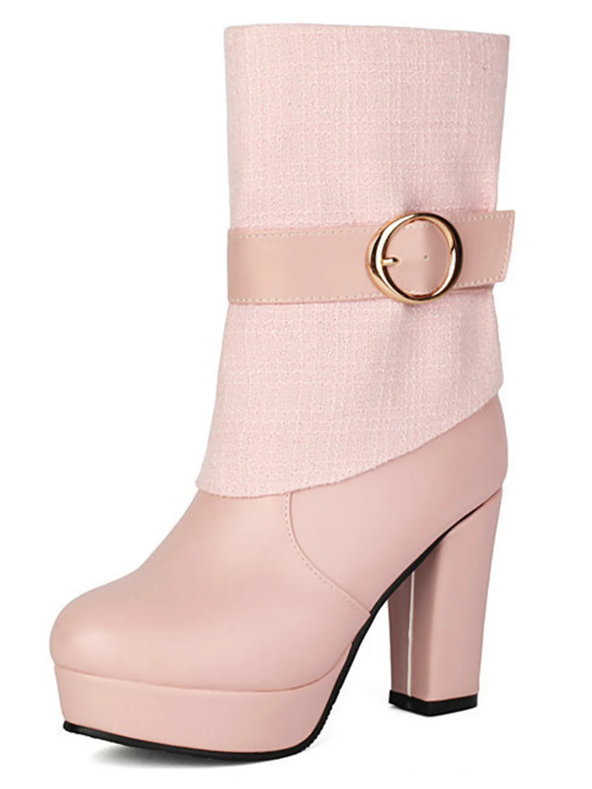 Solid PU Leather Ribbed Knit Patchwork High Heels - Image 3
