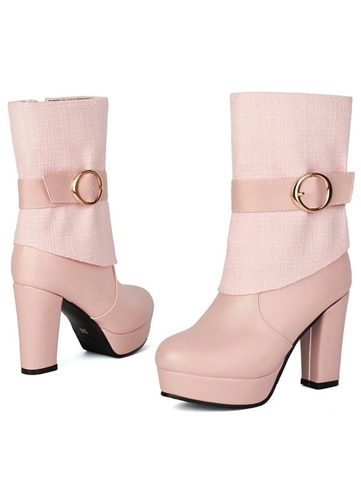 Solid PU Leather Ribbed Knit Patchwork High Heels - Image 4