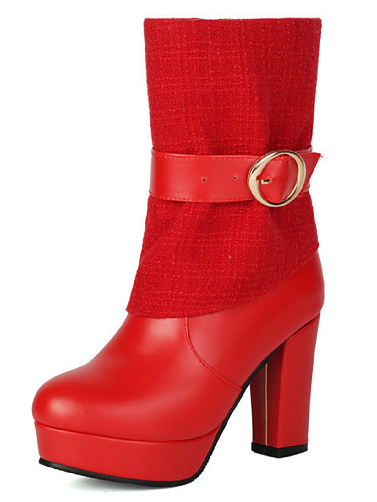 Solid PU Leather Ribbed Knit Patchwork High Heels - Image 7